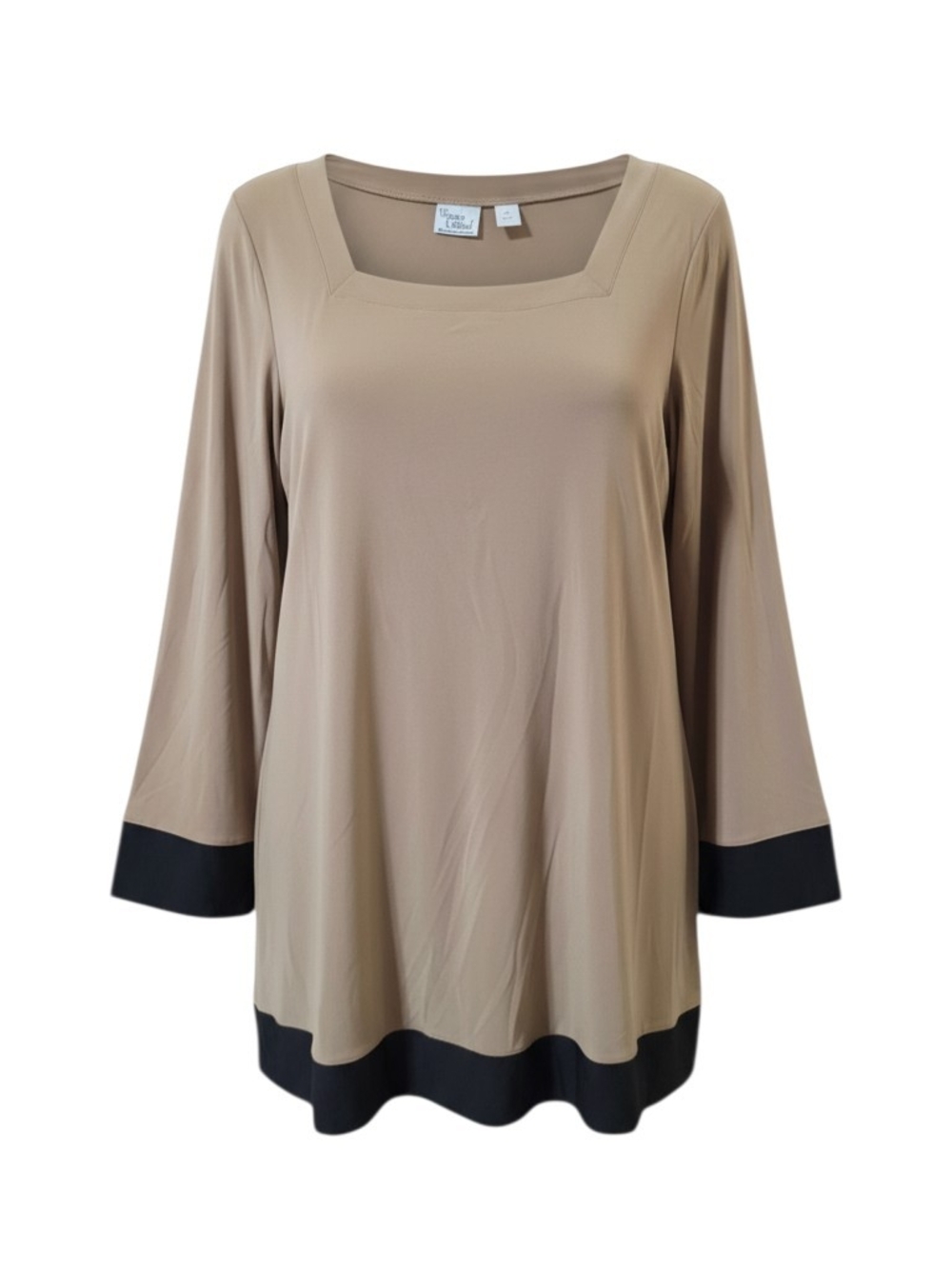 WOMEN WITH CONTROL Square Neck Long-Sleeve Tunic Taupe with Black Trim